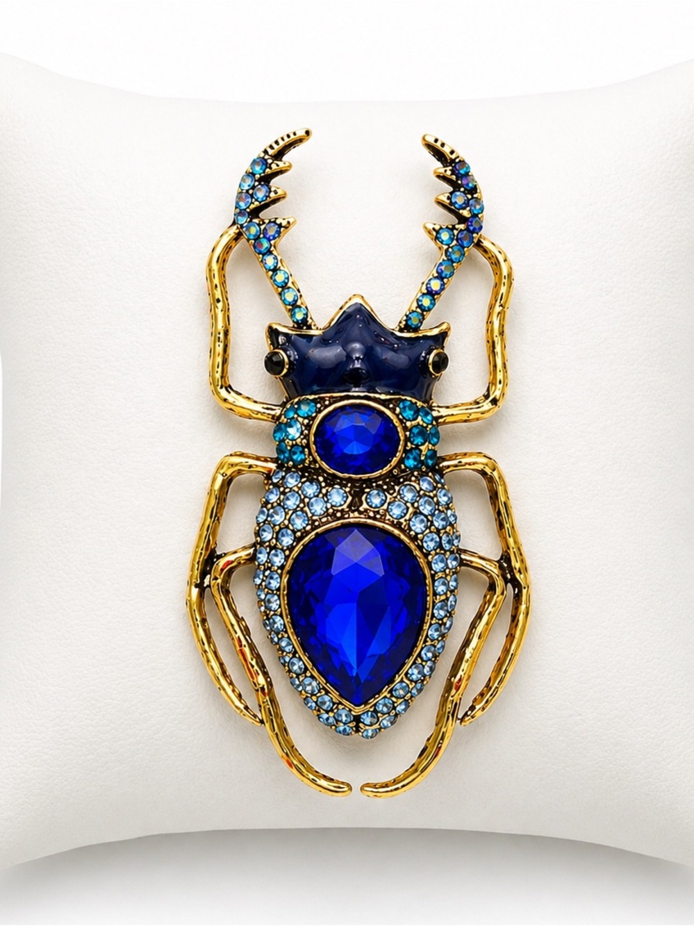 Blue crystal enamel beetle brooch